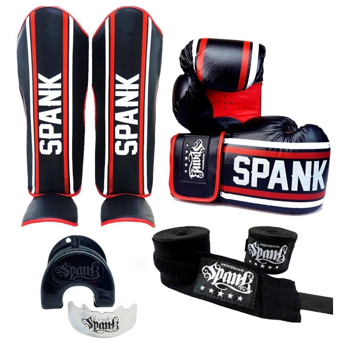 Kit Muaythai Kickboxing Sparring Profissional Completo Spank Preto