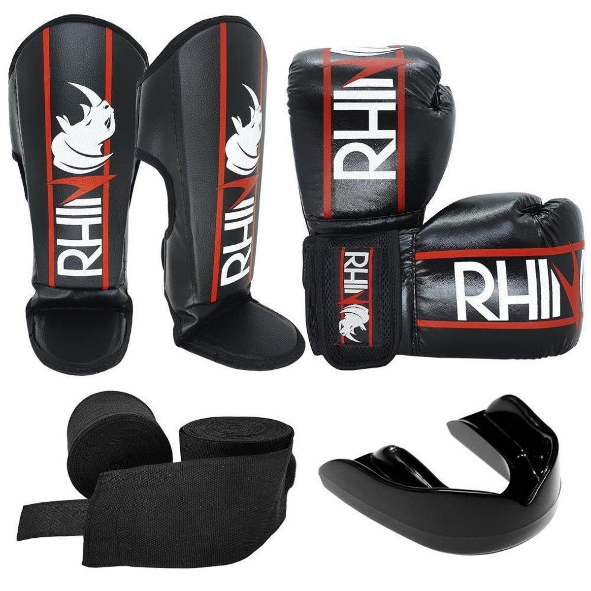 Kit Muaythai Rhino 14oz - Luva Boxe + Caneleira + Bandagem + Bucal Menor preço em Kit Muaythai Rhino 14oz - Luva Boxe + Caneleira + Bandagem + Bucal