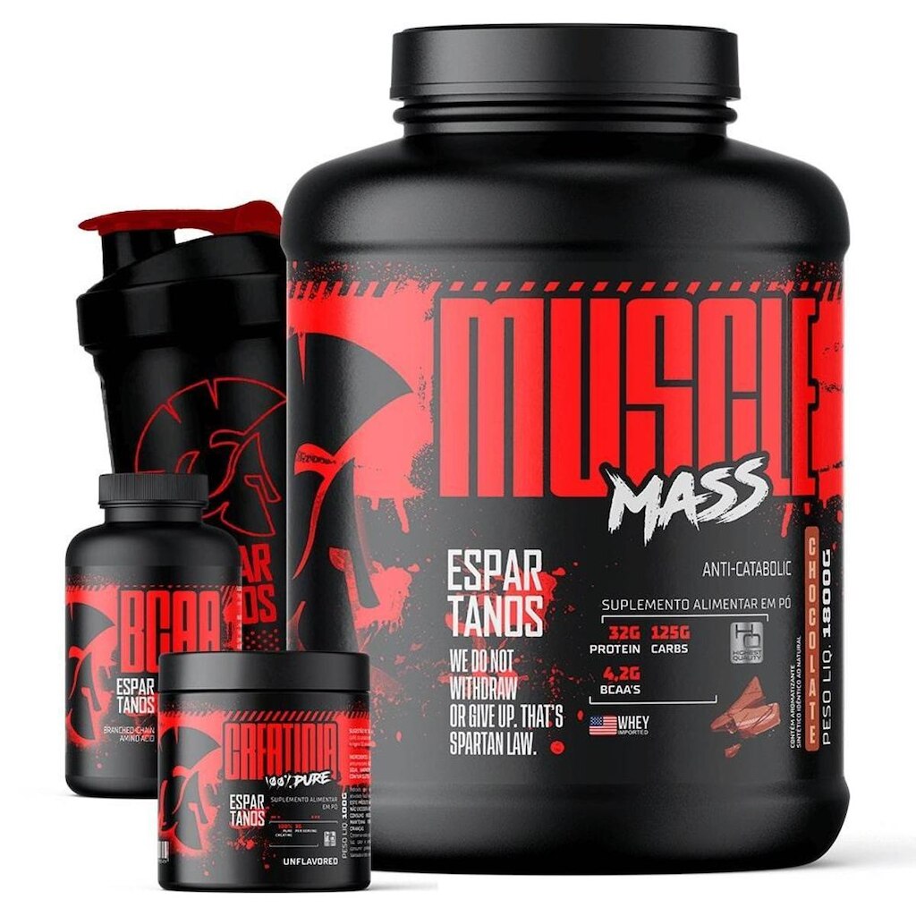 Kit Muscle Mass 1,8kg + Bcaa + Creatina + Shaker - Espartanos
