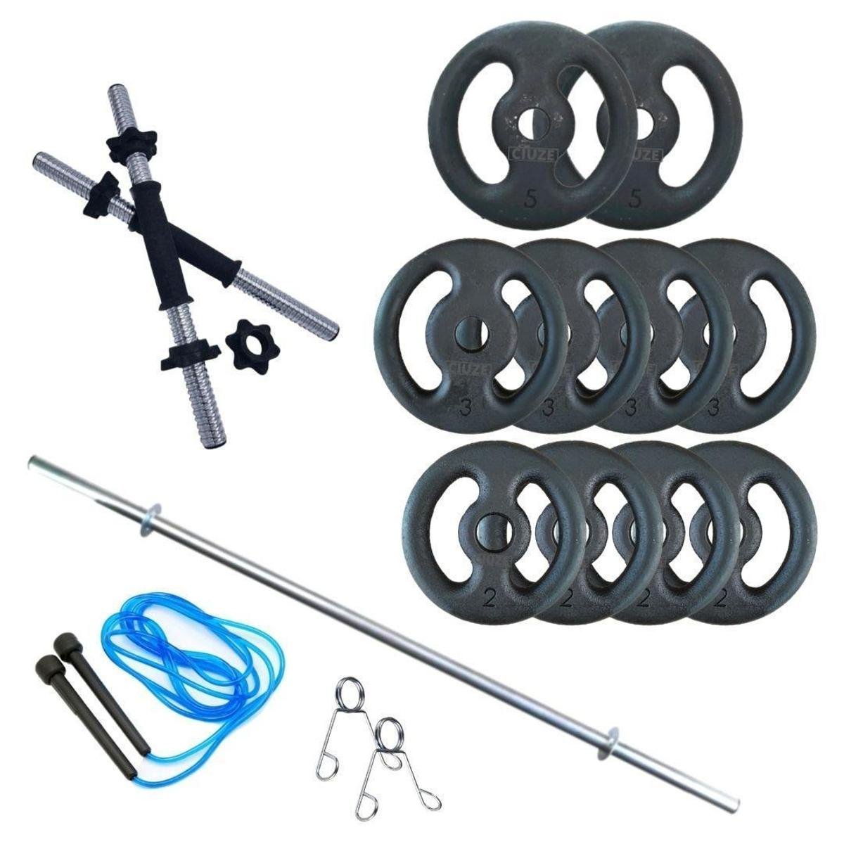 Kit Musculação 30 Kg Barras E Anilhas + Corda - Treino Em Casa