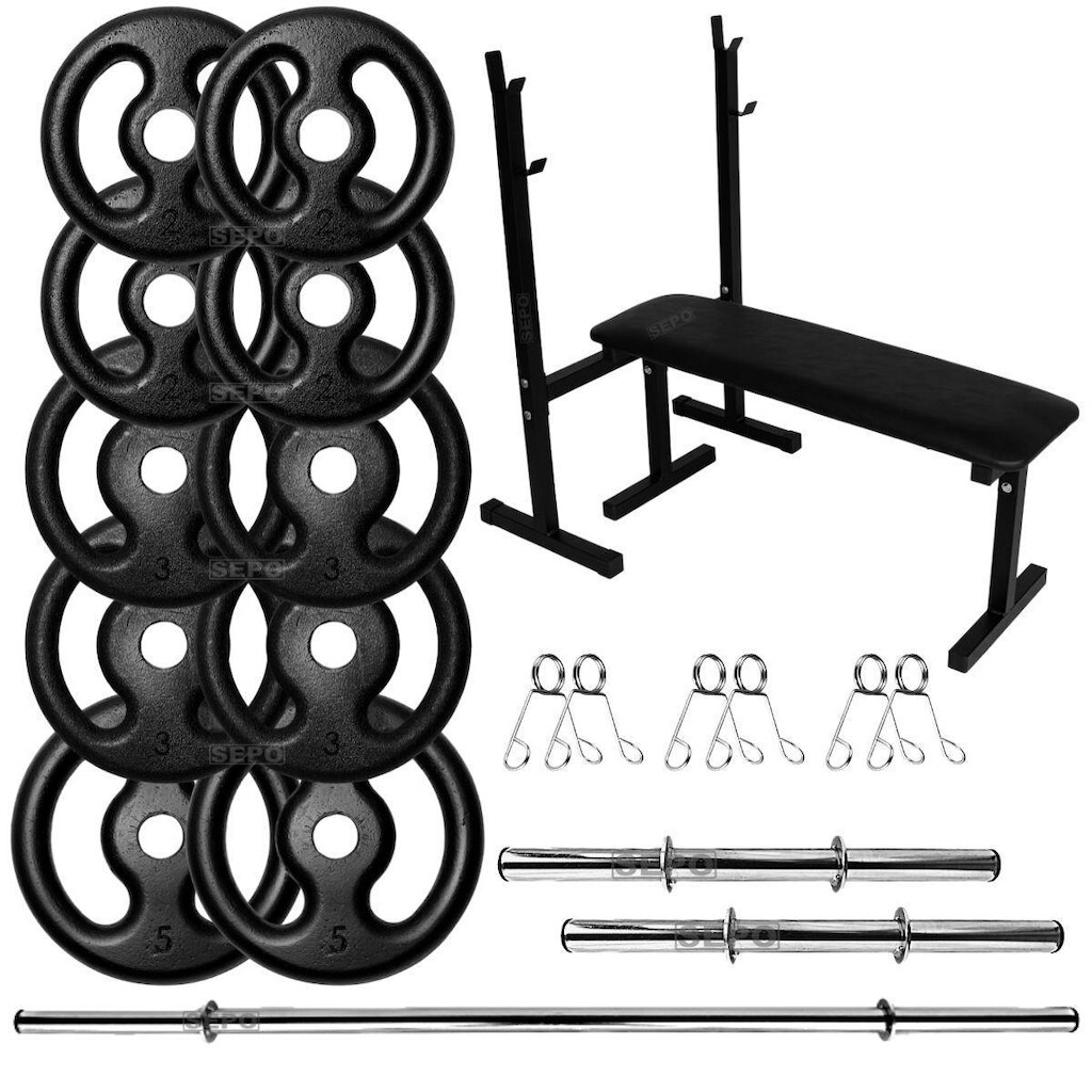 Kit Musculação 30Kg Anilhas com Barras de 40cm e 1,50m + Banco para Supino