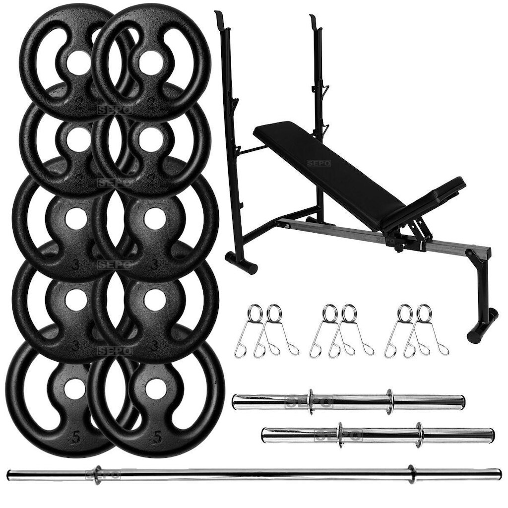 Kit Musculação 30Kg Anilhas com Barras de 40cm e 1,50m + Banco Supino Ajustável