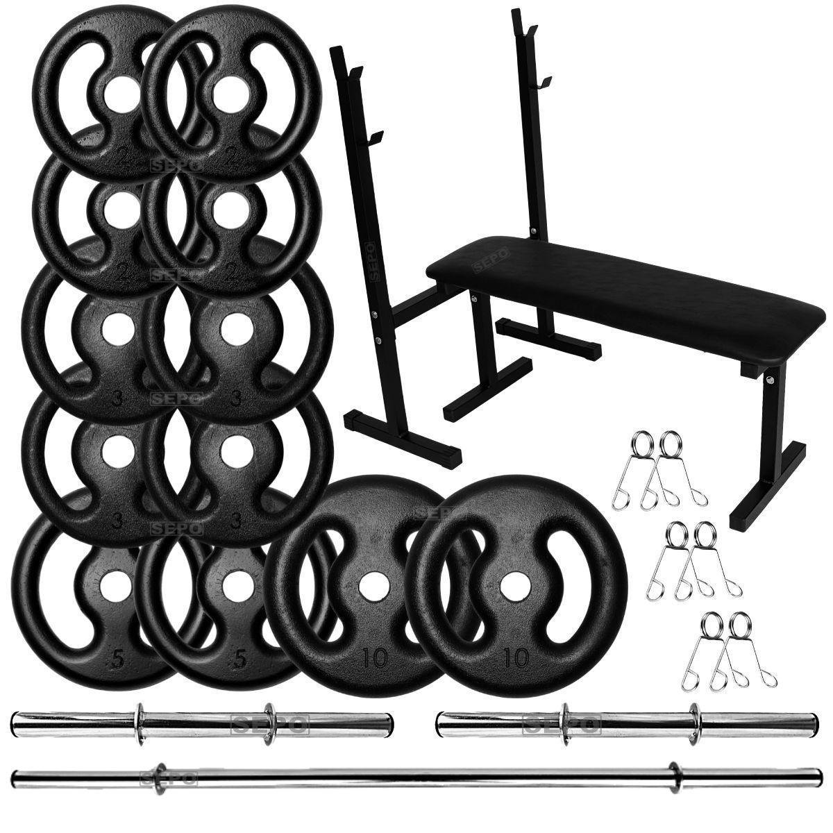 Kit Musculação 50Kg Anilhas com Barras de 40cm e 1,50m + Banco para Supino Menor preço em Kit Musculação 50Kg Anilhas com Barras de 40cm e 1,50m + Banco para Supino