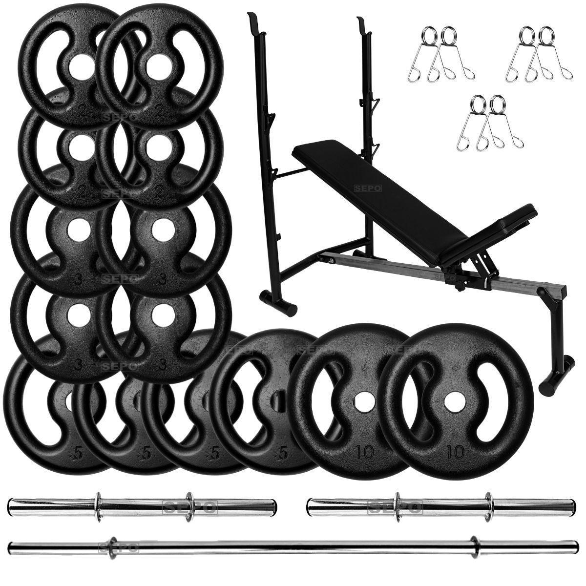 Kit Musculação 60Kg Anilhas com Barras de 40cm e 1,50m + Banco Supino Ajustável Menor preço em Kit Musculação 60Kg Anilhas com Barras de 40cm e 1,50m + Banco Supino Ajustável