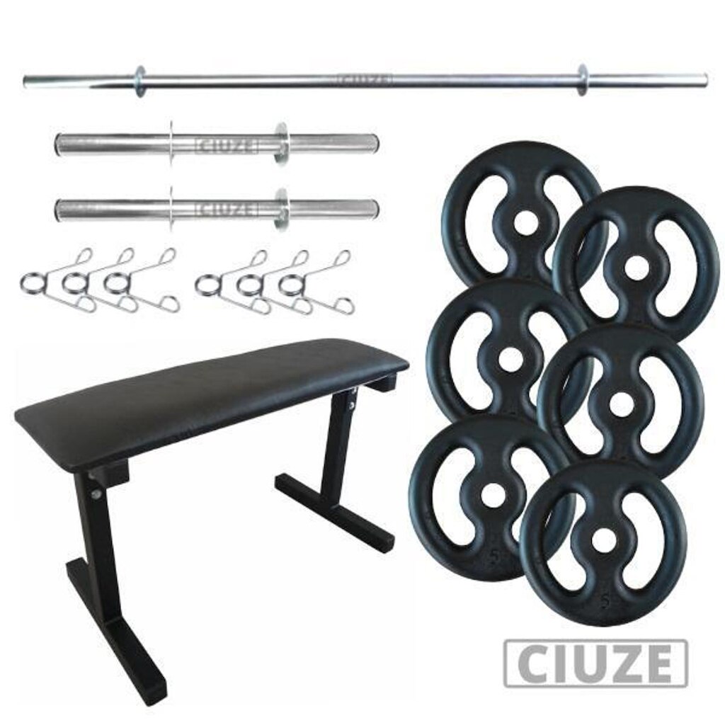 Kit Musculação Academia Fitness Banco + 3 Barras e Anilhas