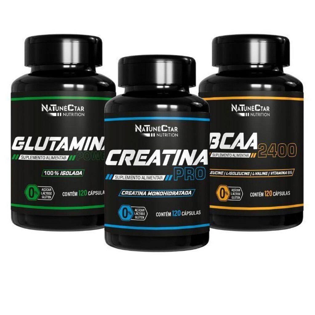 Kit Natunectar  Creatina Monohidratada Pro + Glutamina Power 100% Isolada + BCAA 2400 – 360 cápsulas