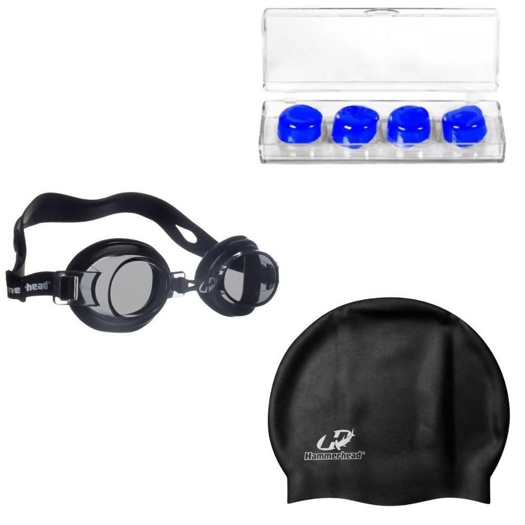 Kit Óculos Natação Focus Júnior 2.0 Hammerhead + Touca + Protetor de ouvido
