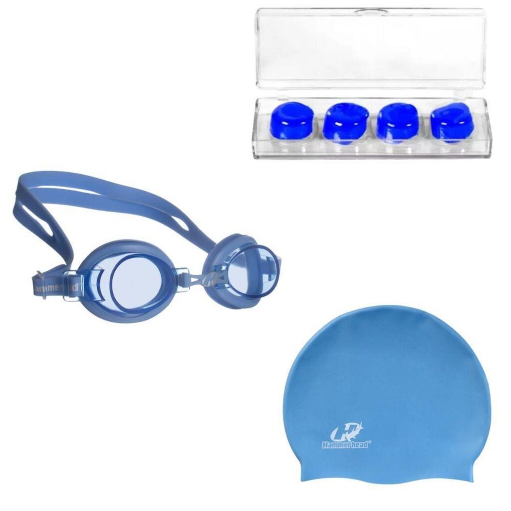 Kit Óculos Natação Focus Júnior 2.0 Hammerhead + Touca + Protetor de ouvido
