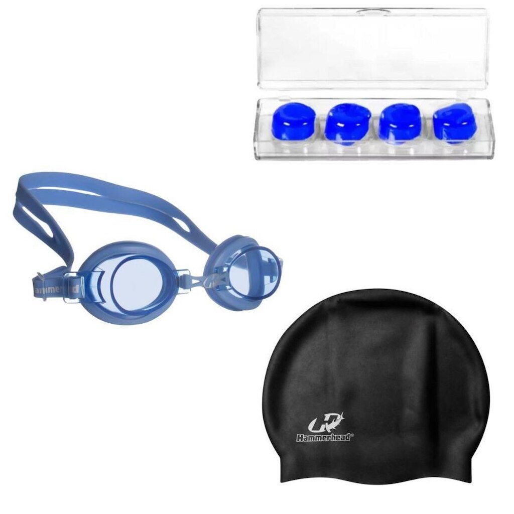 Kit Óculos Natação Focus Júnior 2.0 Hammerhead + Touca + Protetor de ouvido