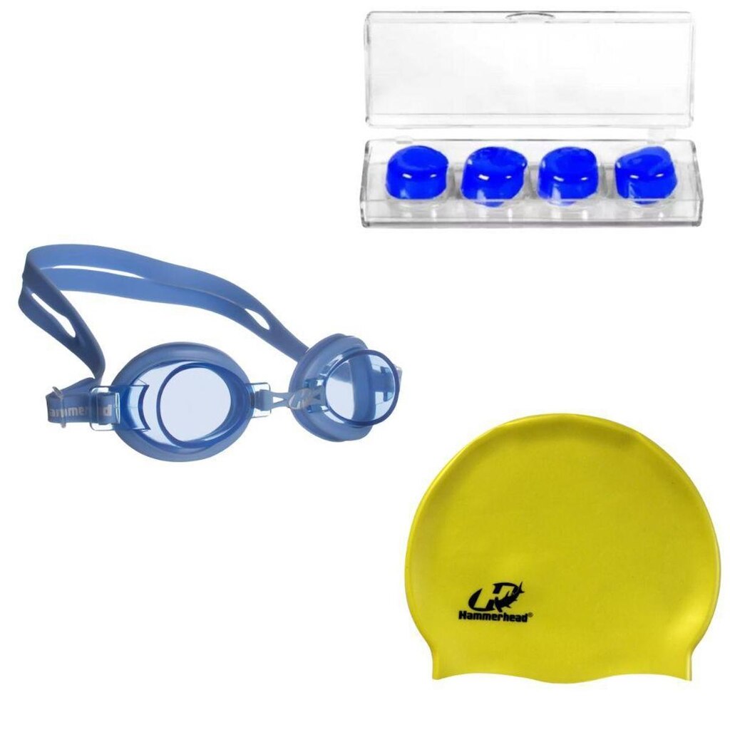 Kit Óculos Natação Focus Júnior 2.0 Hammerhead + Touca + Protetor de ouvido