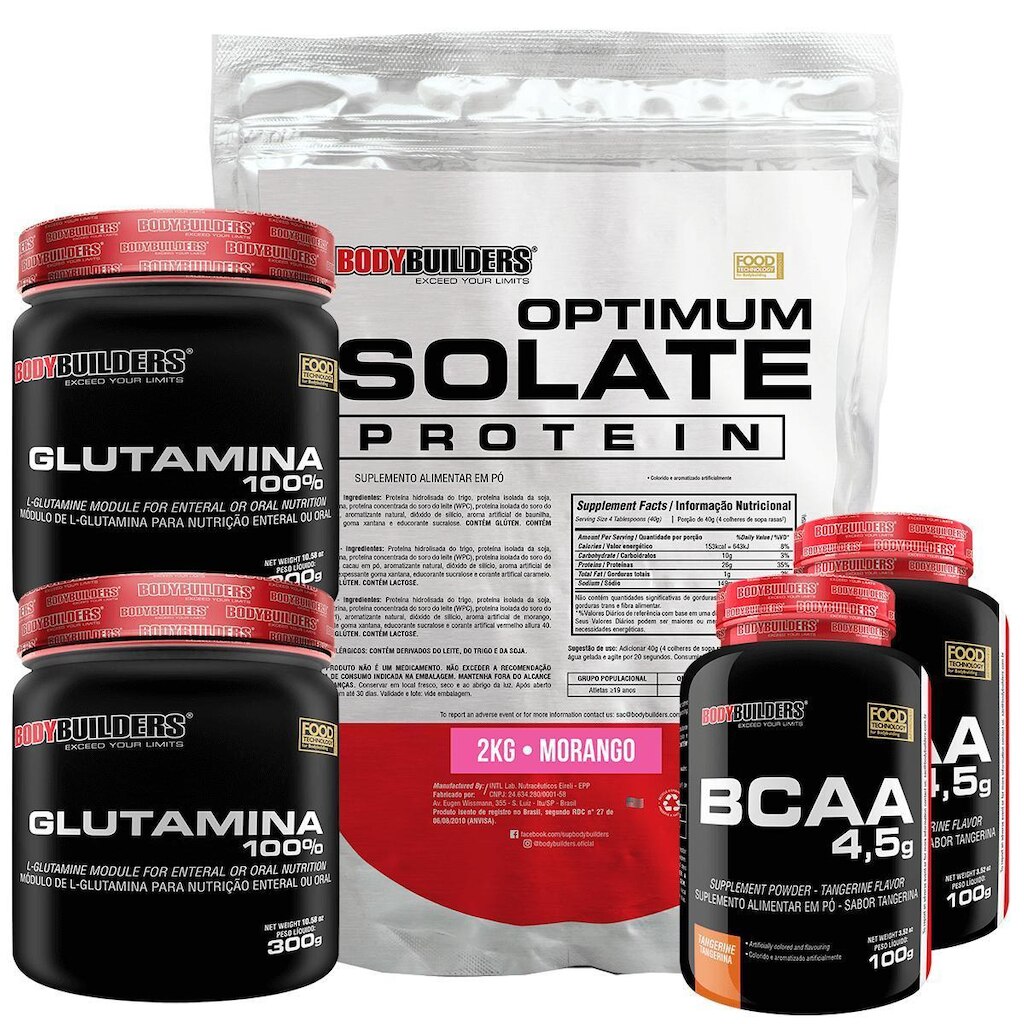 Kit Optimum Isolate Whey Protein 2kg +  2x Bcaa 100g  +  2x Glutamina 300g  - Bodybuilders