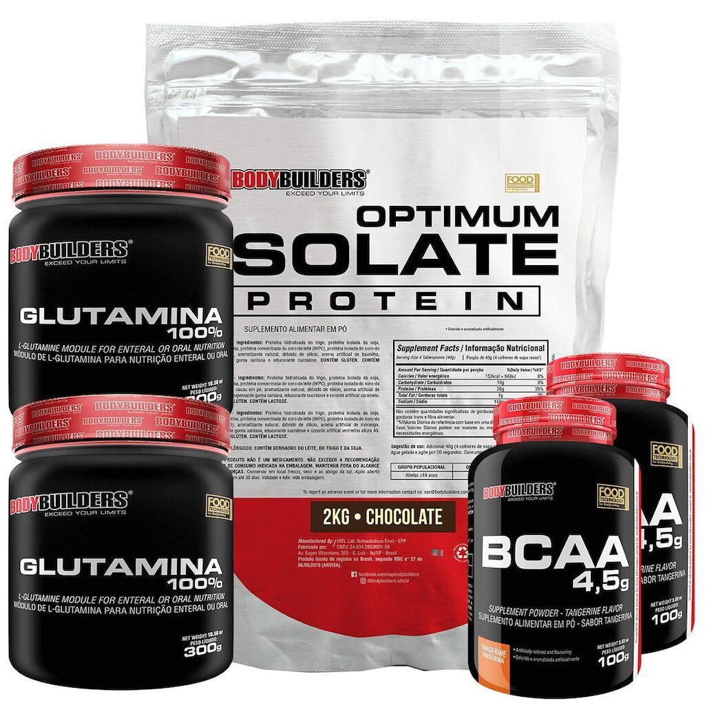 Kit Optimum Isolate Whey Protein 2kg +  2x Bcaa 100g  +  2x Glutamina 300g  - Bodybuilders