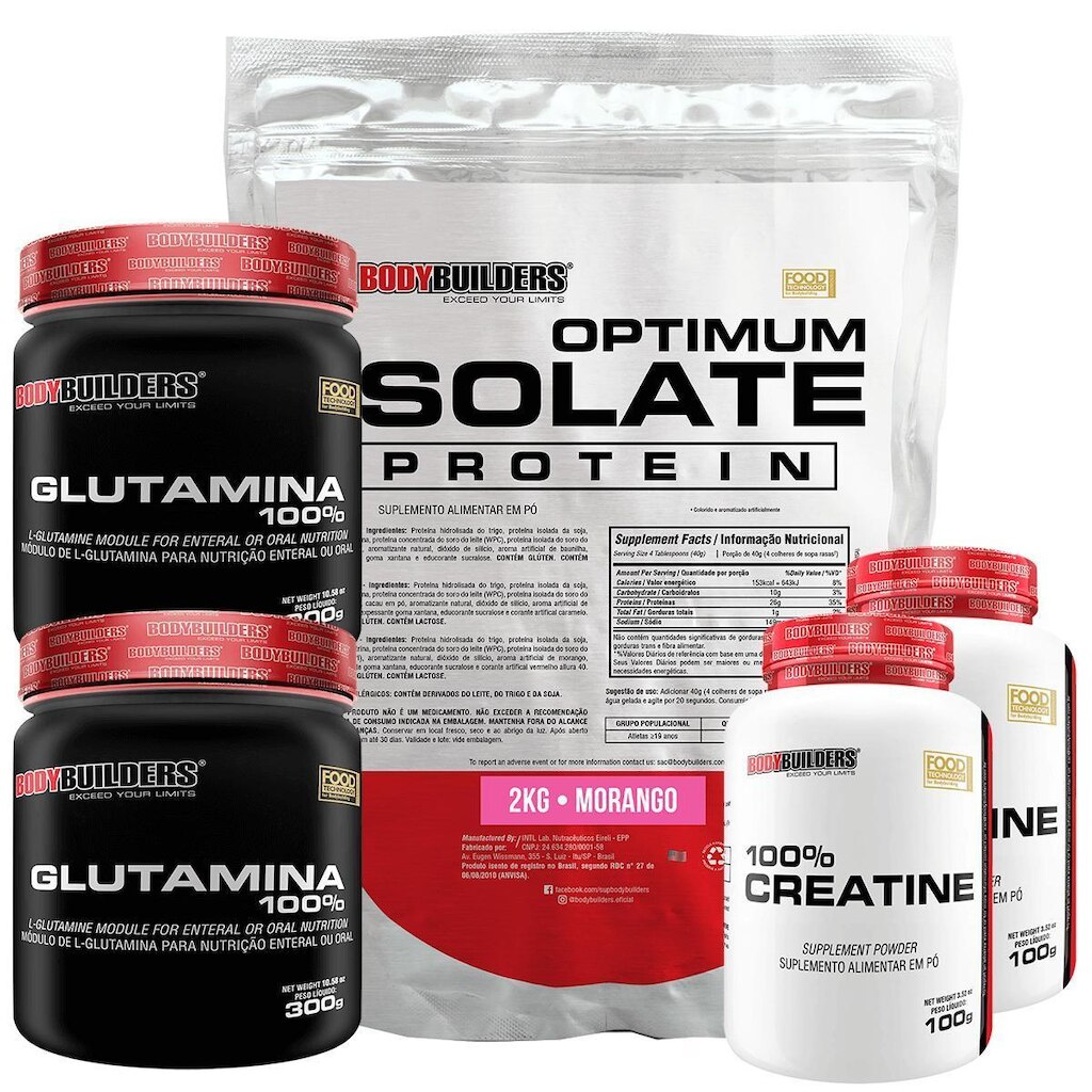 Kit Optimum Isolate Whey Protein 2kg  +  2x Creatina 100g + 2x Glutamina 300g - Bodybuilders