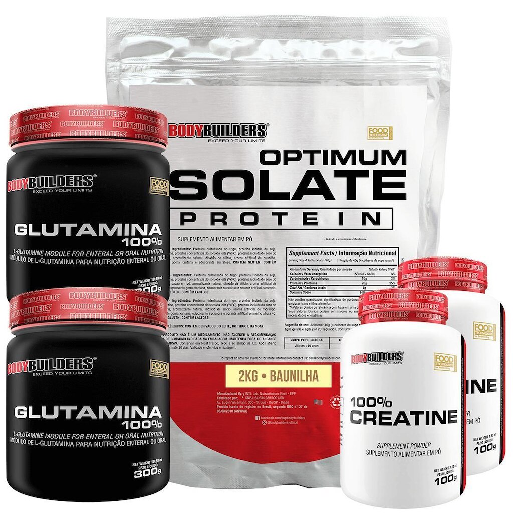 Kit Optimum Isolate Whey Protein 2kg  +  2x Creatina 100g + 2x Glutamina 300g - Bodybuilders