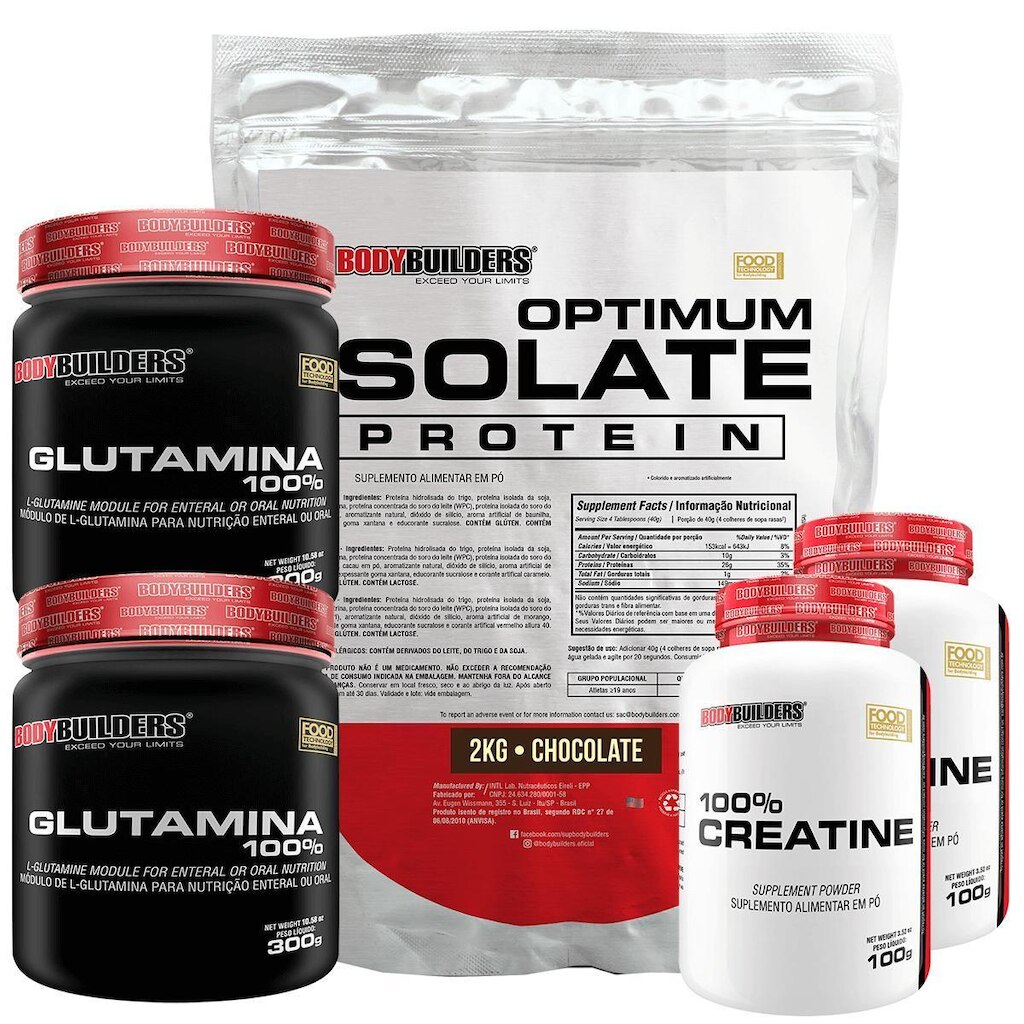 Kit Optimum Isolate Whey Protein 2kg  +  2x Creatina 100g + 2x Glutamina 300g - Bodybuilders