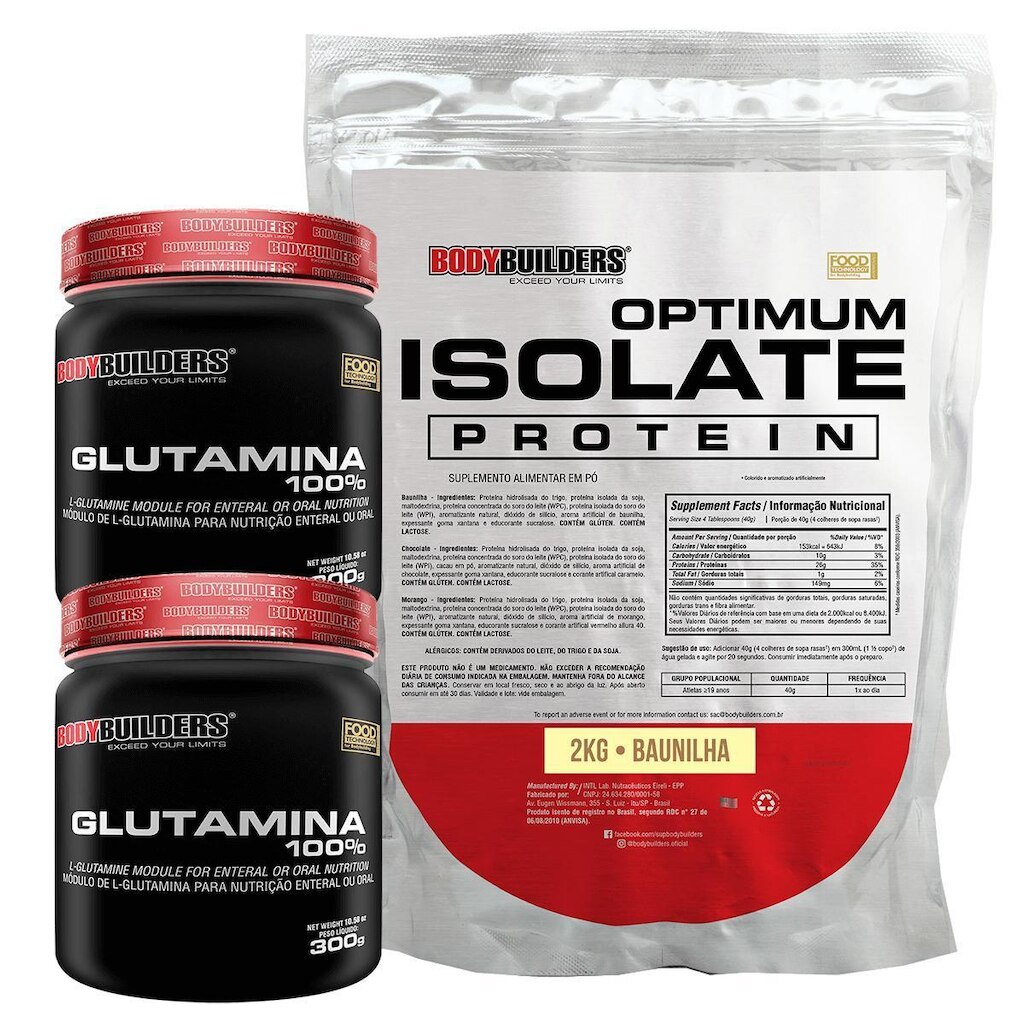 Kit Optimum Isolate Whey Protein 2kg  + 2x  Glutamina 300g +  Coqueteleira - Bodybuilders