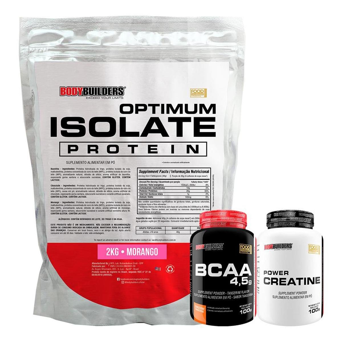 Kit Optimum Isolate Whey Protein 2kg + Bcaa 100g + Creatina 100g Bodybuilders Morango Netshoes