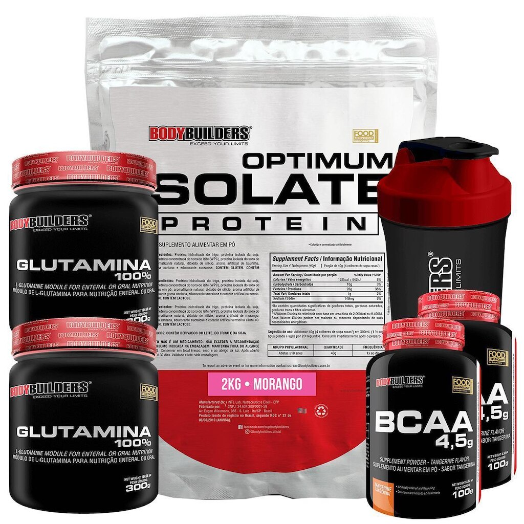 Kit Optimum Isolate Whey Protein 2kg+2x Bcaa 100g+2x Glutamina 300g+Coqueteleira-Bodybuilders