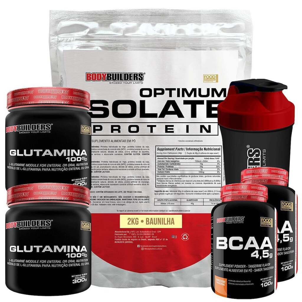 Kit Optimum Isolate Whey Protein 2kg+2x Bcaa 100g+2x Glutamina 300g+Coqueteleira-Bodybuilders