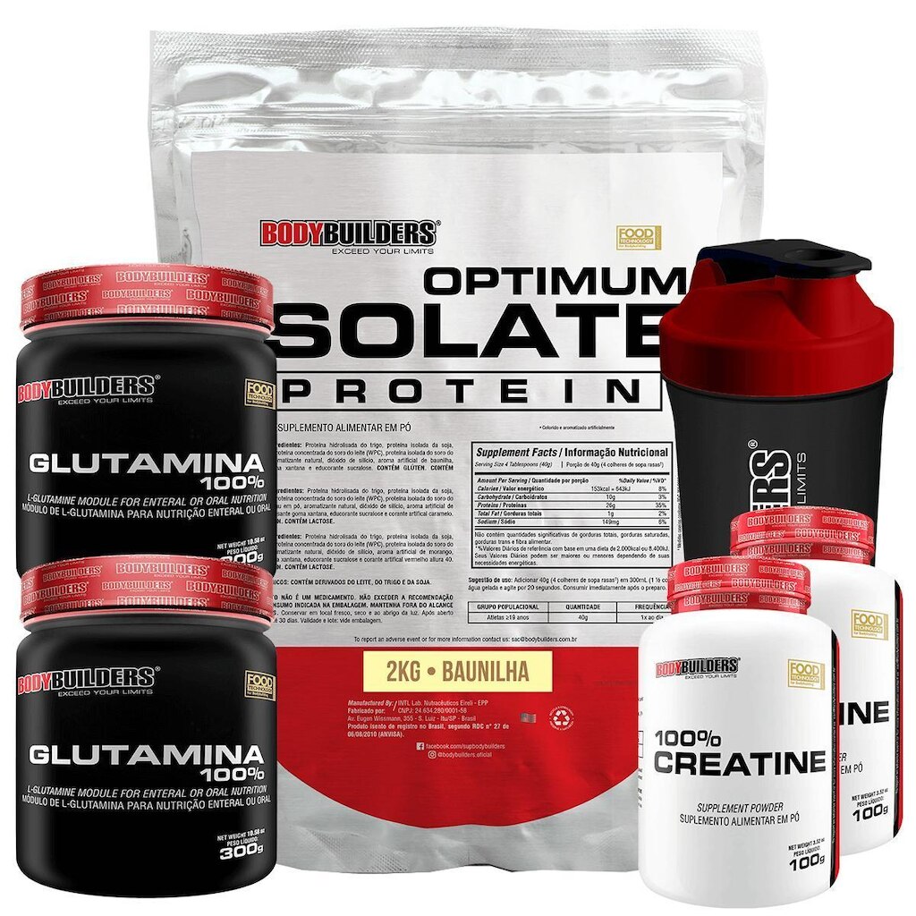 Kit Optimum Isolate Whey Protein 2kg+2x Creatina 100g+2x Glutamina 300g+Coqueteleira-Bodybuilders