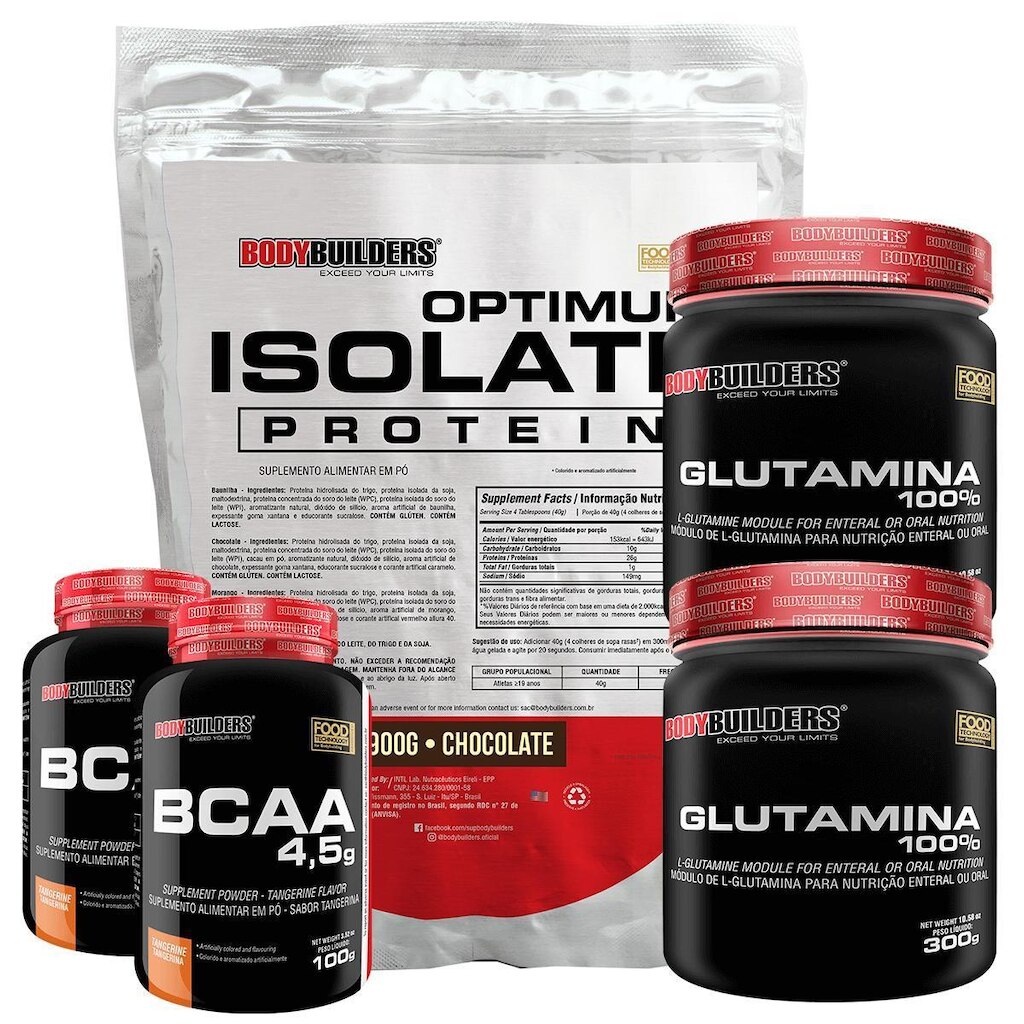 Kit Optimum Isolate Whey Protein 900g  +  2x Bcaa 100g + 2x Glutamina 300g -  Bodybuilders