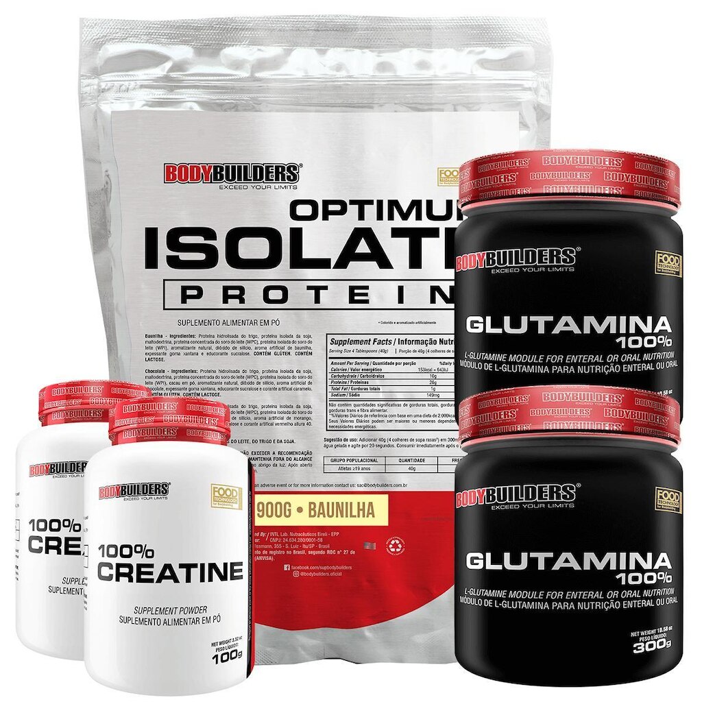 Kit Optimum Isolate Whey Protein 900g  + 2x  Creatina 100g +  2x Glutamina 300g -  Bodybuilders