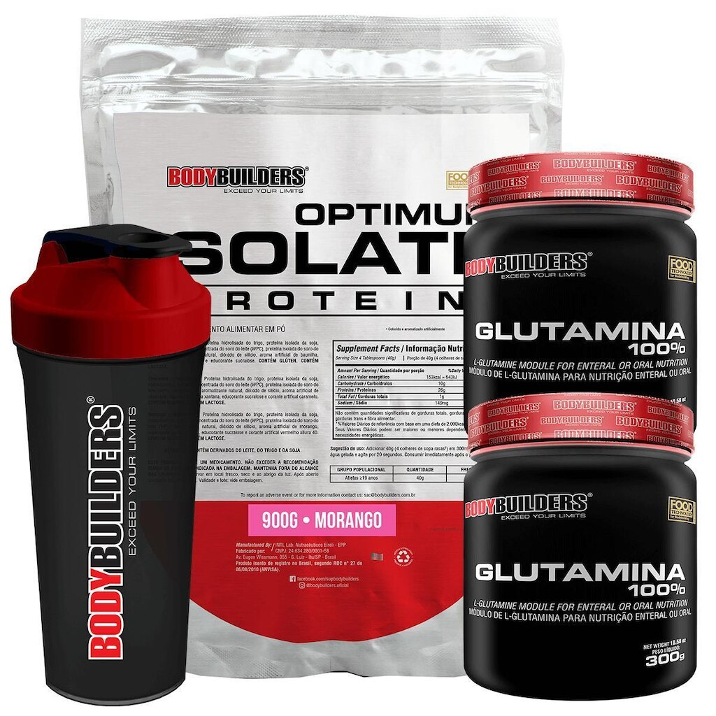 Kit Optimum Isolate Whey Protein 900g  +  2x  Glutamina 300g  +  Coqueteleira -  Bodybuilders
