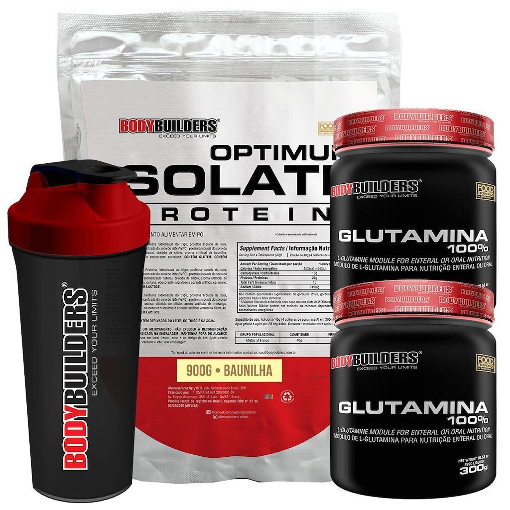 Kit Optimum Isolate Whey Protein 900g  +  2x  Glutamina 300g  +  Coqueteleira -  Bodybuilders