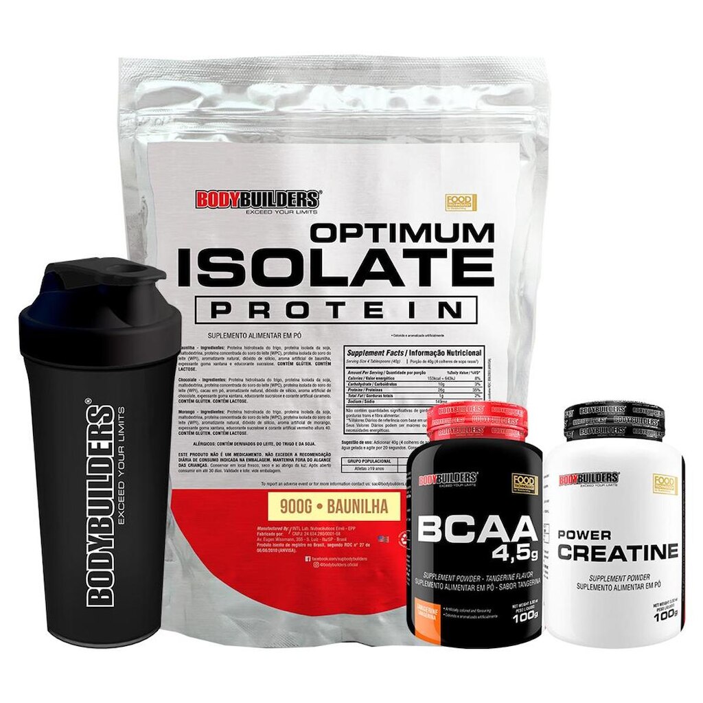 Kit Optimum Isolate Whey Protein 900g + Bcaa 100g + Creatina 100g + Coqueteleira - Bodybuilders