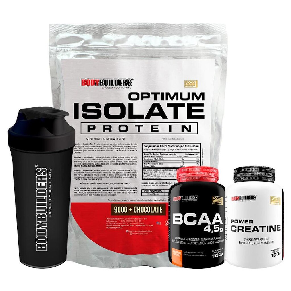 Kit Optimum Isolate Whey Protein 900g + Bcaa 100g + Creatina 100g + Coqueteleira - Bodybuilders
