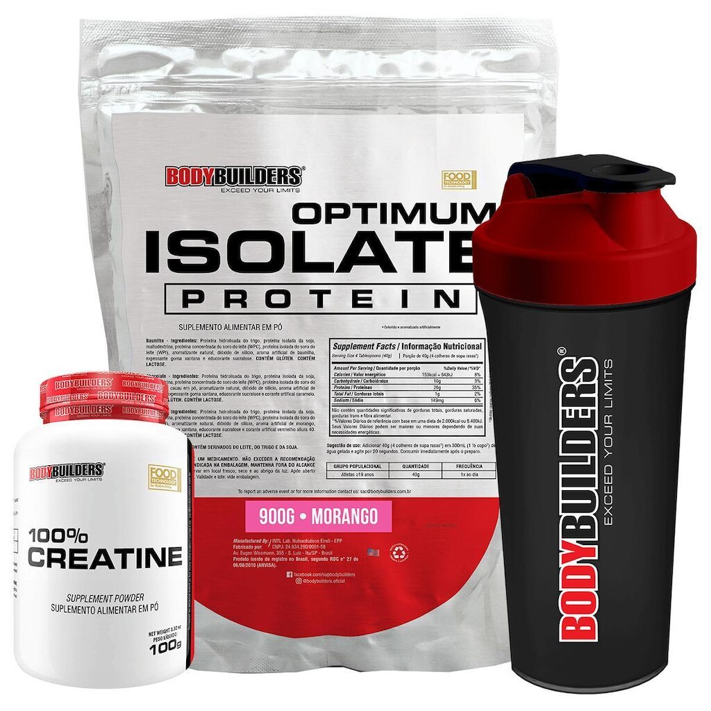 Kit Optimum Isolate Whey Protein 900g + Creatina 100g +  Coqueteleira - Bodybuilders