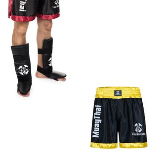 Kit Par C/pé Protetor Canela Mma Kickboxing + Short P/ Muay Thai Cetim