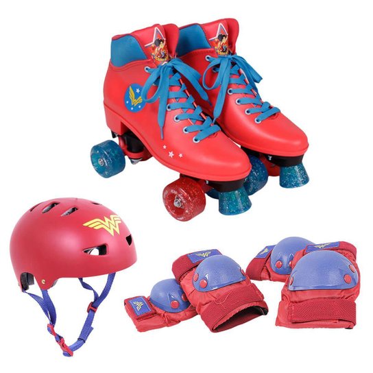 Kit Patins c/ Proteção e Capacete Mulher Maravilha Tam 28/29 - Vermelho