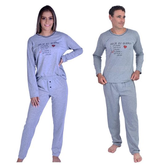 Kit Pijama Casal Feminino e Masculino Longo Namorados Crush Inverno - Mescla Menor preço em Kit Pijama Casal Feminino e Masculino Longo Namorados Crush Inverno - Mescla
