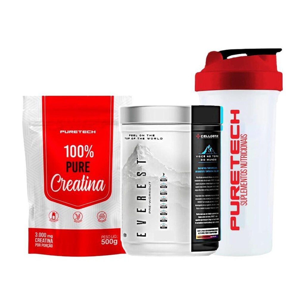 Kit Pré treino Everest 450g - Cellgenix + Creatina 100% Pure 500g + Coqueteleira - Puretech
