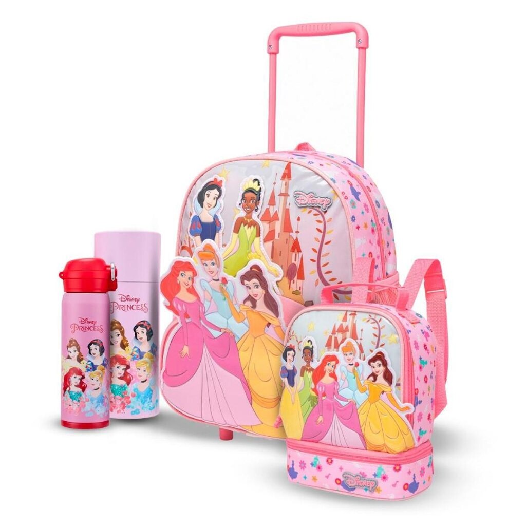 Kit PréEscolar Mochila de Rodinhas Lancheira Térmica Garrafa 480ml Princesas Disney