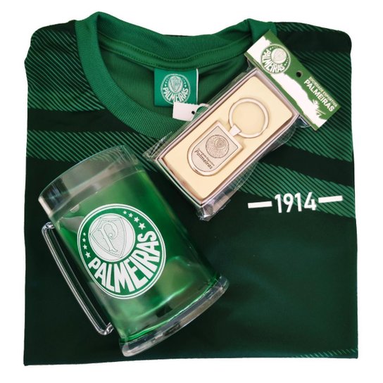 Kit Presente Palmeiras Camisa 1914 / Caneca / Chaveiro Oficial - Verde Menor preço em Kit Presente Palmeiras Camisa 1914 / Caneca / Chaveiro Oficial - Verde