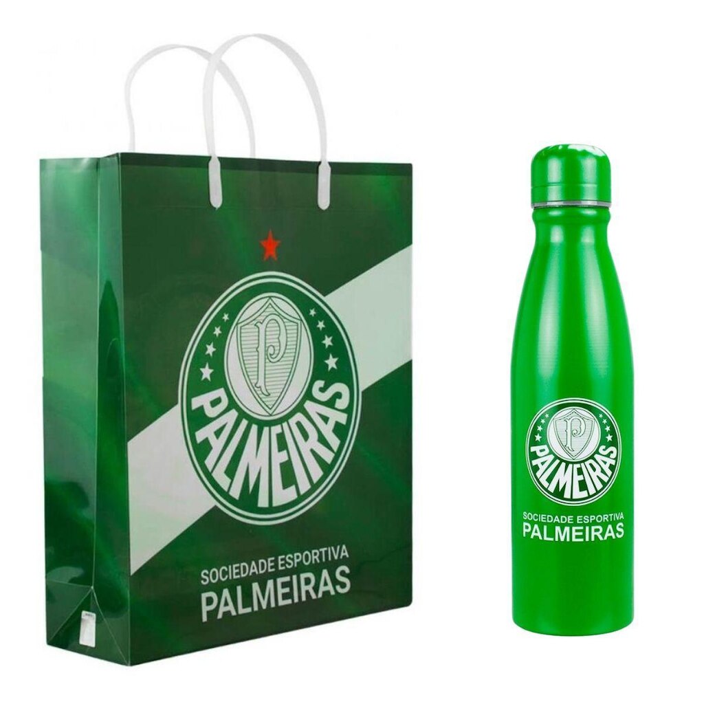 Kit Presente Palmeiras Garrafa Redonda Alumínio 600ml Sacola