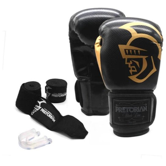 Kit Pretorian Boxe Muay Thai Black Line Band + Protetor Buca - Dourado Menor preço em Kit Pretorian Boxe Muay Thai Black Line Band + Protetor Buca - Dourado