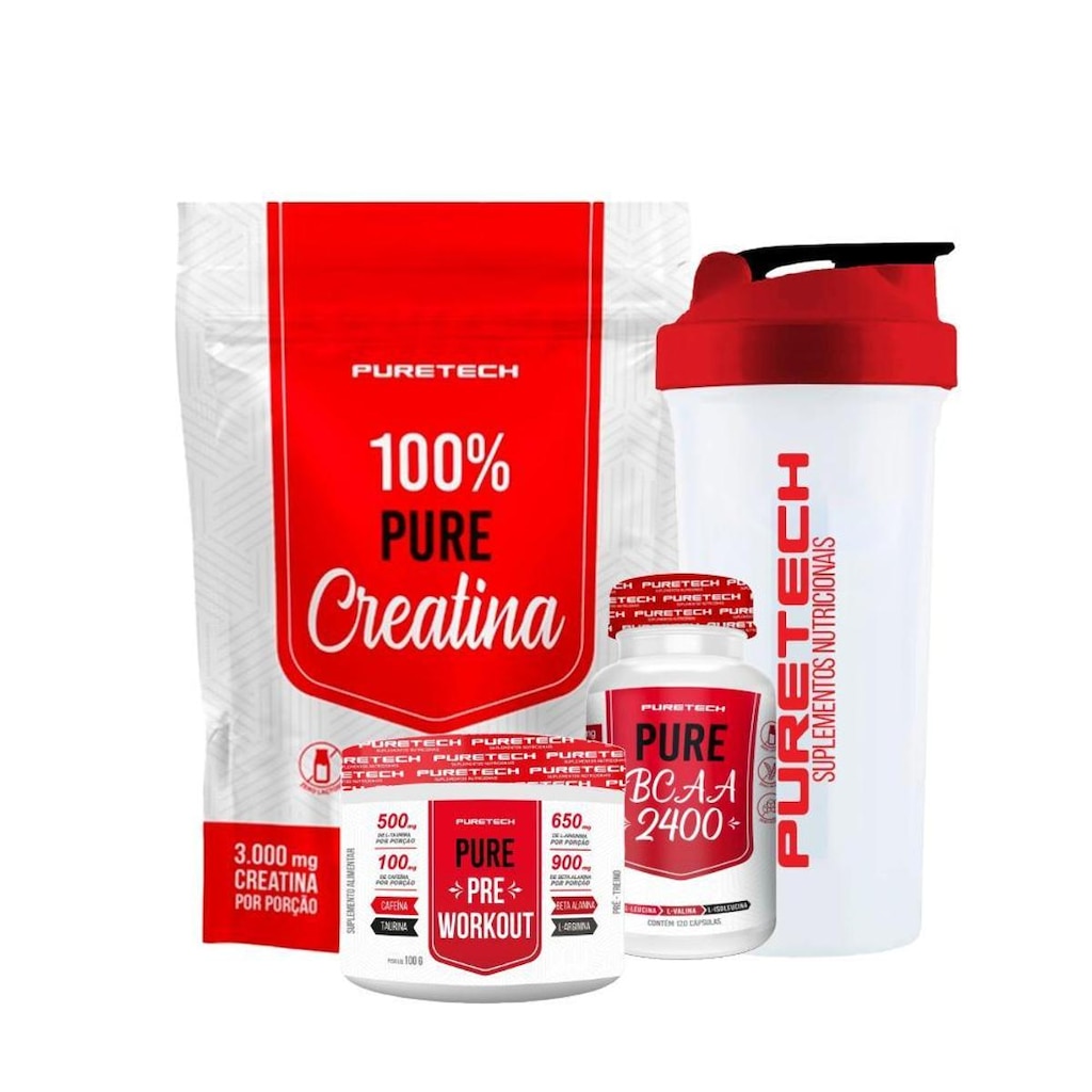 Kit PréTreino 100g+Creatina 500g+Bcaa 120Cps+Coquet PURETECH