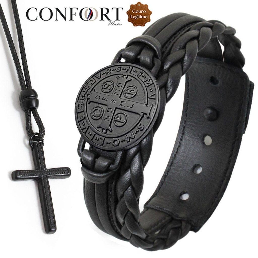 Kit Pulseira de Couro Preto e Marrom Bento e Colar Ajustável Ouro Velho