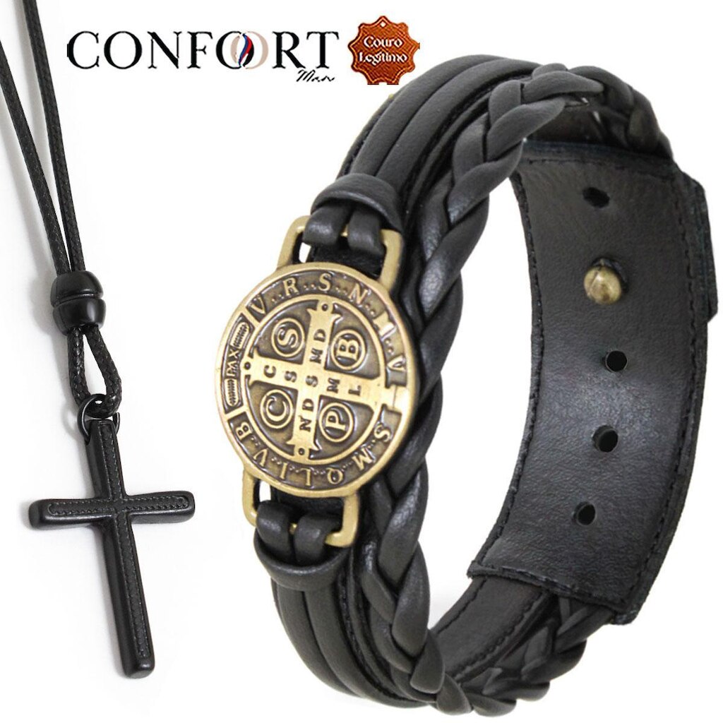 Kit Pulseira de Couro Preto e Marrom Bento e Colar Ajustável Ouro Velho