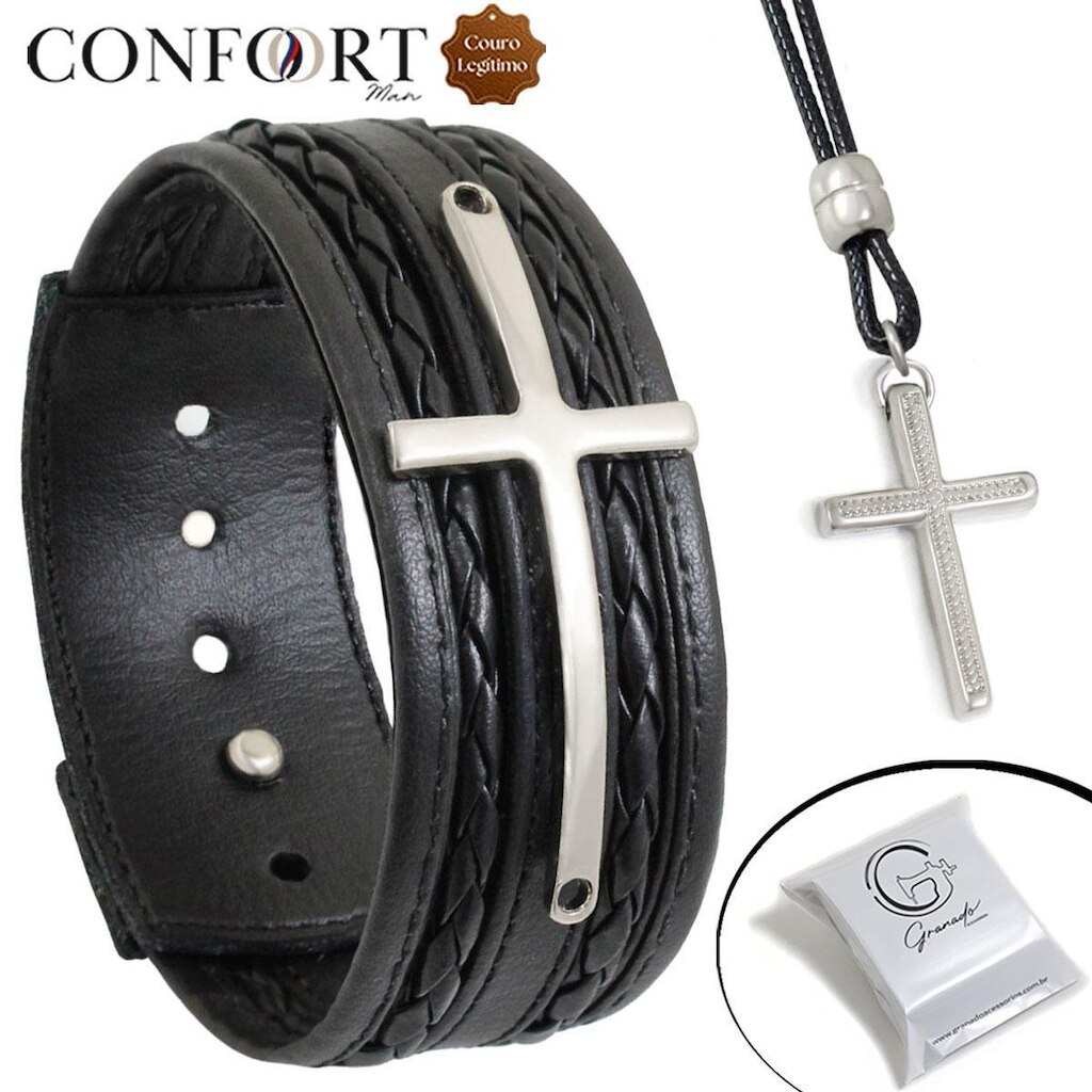 Kit Pulseira de Couro Preto Trançada Ajustável e Colar Pingente Prateado