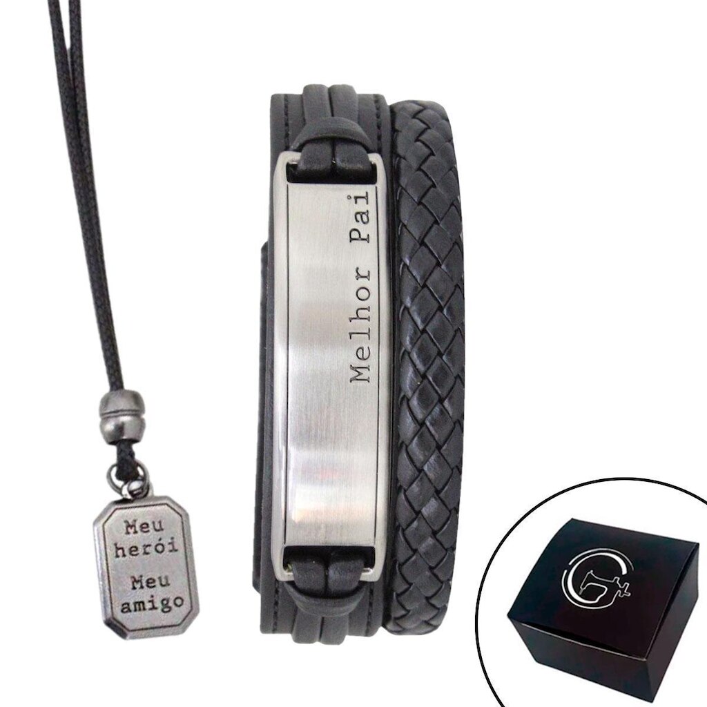 Kit Pulseira Melhor Pai de Couro Ajustável + Colar Meu Amigo