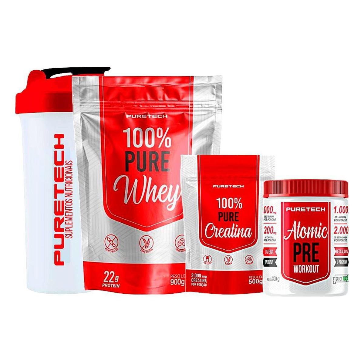 Kit Puretech 100% Whey, Pré-Workout, Creatina e Coqueteleira
