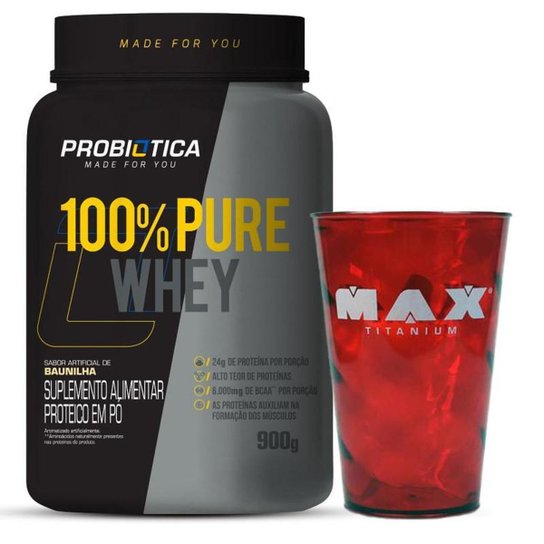 Kit Puro Whey Protein 100% Pote 900g Probiotica + Copo Max Titanium Pronta Entrega Menor preço em Kit Puro Whey Protein 100% Pote 900g Probiotica + Copo Max Titanium Pronta Entrega