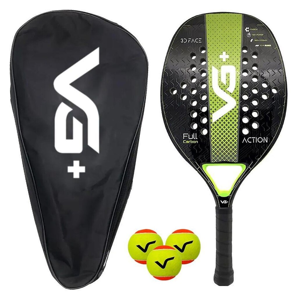 Kit Raquete De Beach Tennis Action Full Carbon  Com 3 Bolas E Bolsa De Transporte Vg Plus