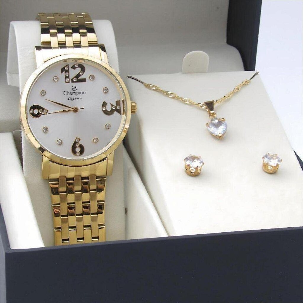 Kit Relógio Champion Feminino CN24262W Colar + Brincos