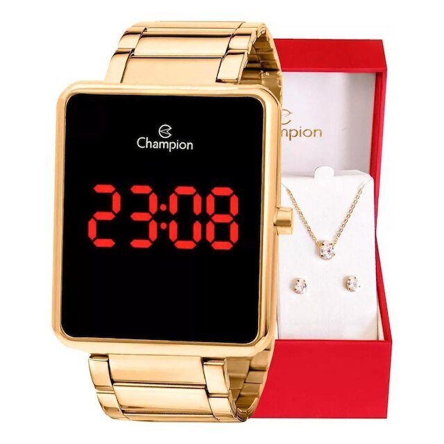 Kit Relógio Feminino Champion Digital Dourado CH40086V