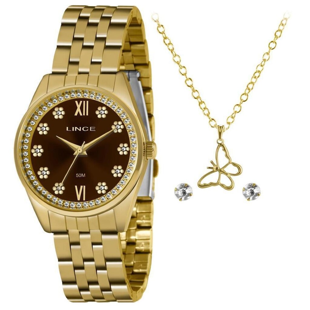 Kit Relógio Feminino Lince Dourado LRGJ136L KZ42N3KX